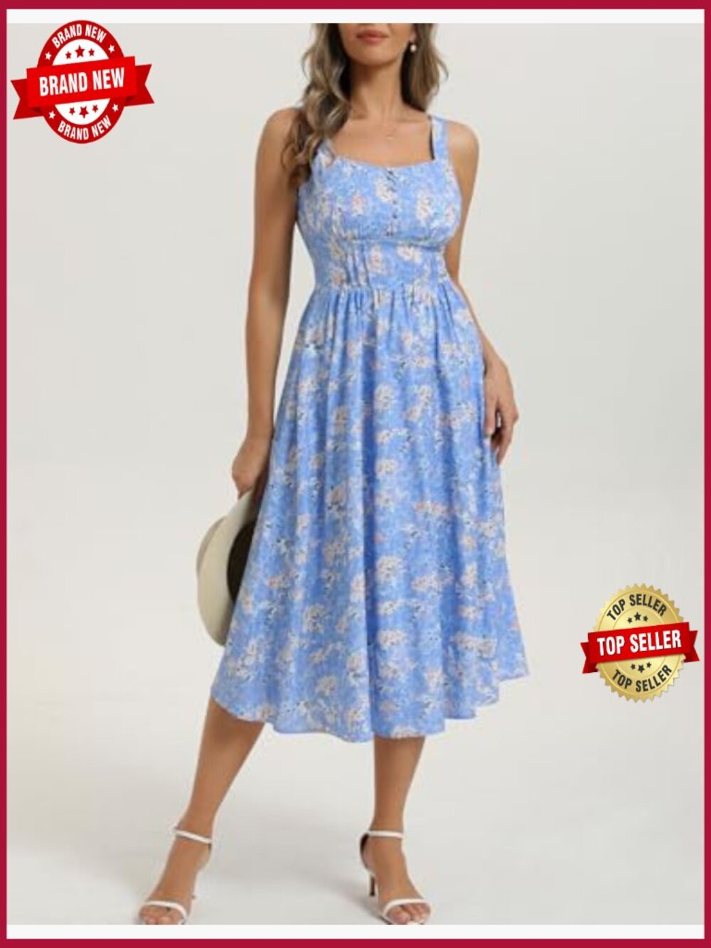 Sleeveless A-Line Midi Sundress with Pockets Flowy Beach Dress - Picture 6 of 7